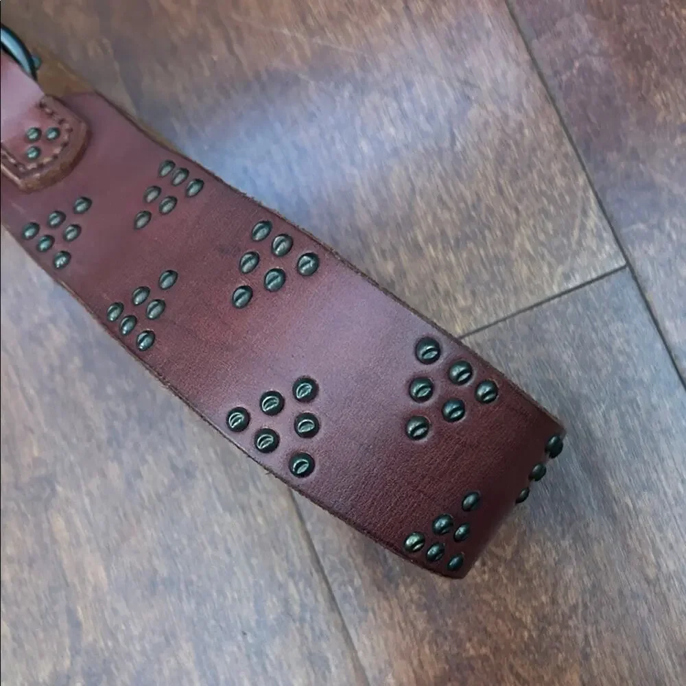 Western Boho Thick Brown Leather Belt with Stud Accents, D Ring Closure